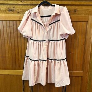 Pink Button-Up Dress with Black Trim